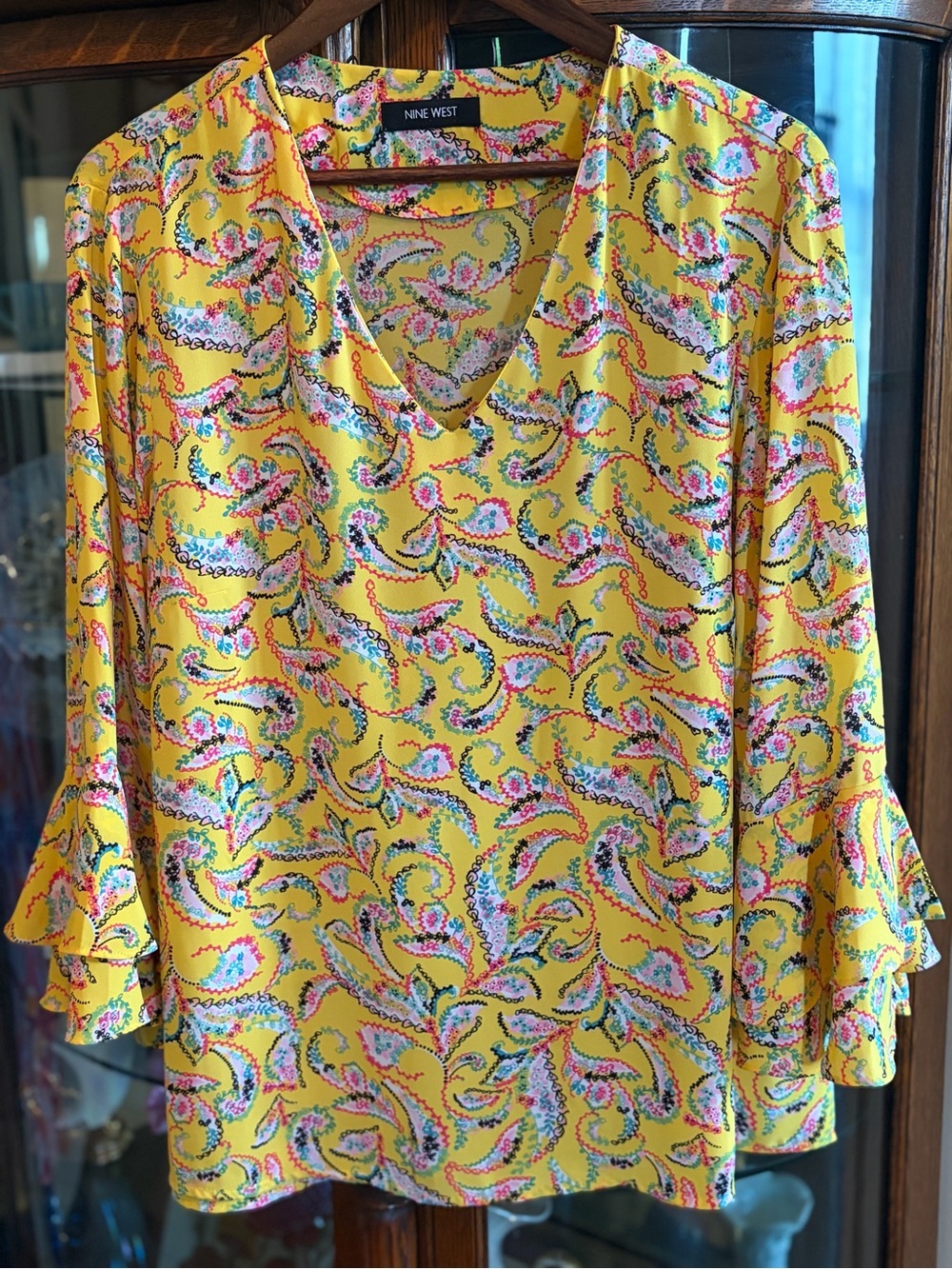 Nine West Yellow Paisley V-Neck Ruffle Sleeve Blouse
